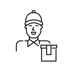 Smiling courier man working in food delivery. Take away paper bag. Pixel perfect, editable stroke icon