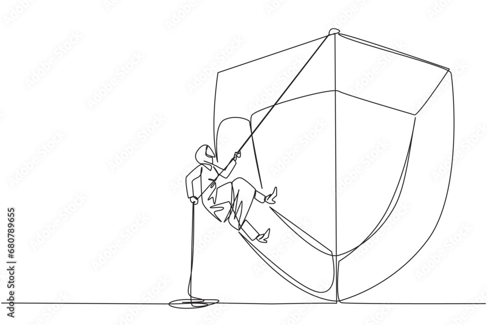 Poster single one line drawing arabian businesswoman climbs shield with rope. works to help clients secure 