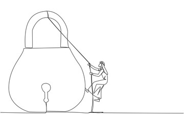 Single one line drawing Arab businessman climbs padlock with rope. Do the best to privatize business. Sole owner. The result of smart hard work. Satisfied. Continuous line design graphic illustration