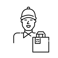 Food delivery service. Courier in polo shirt and baseball cap and paper bag. Pixel perfect, editable stroke icon