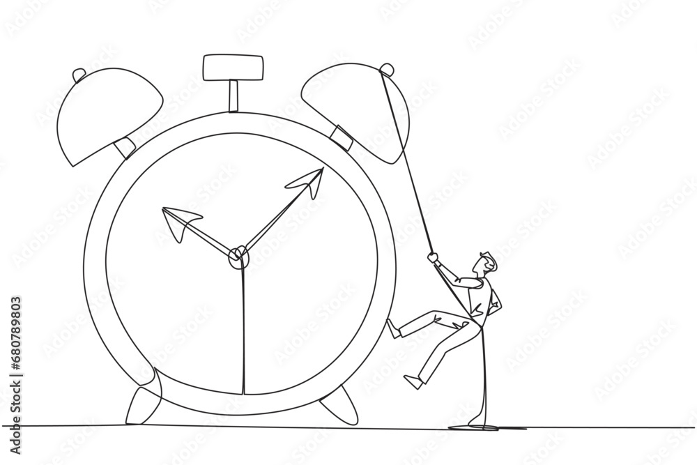 Poster single continuous line drawing businessman climbing alarm clock with rope. work carefully to complet