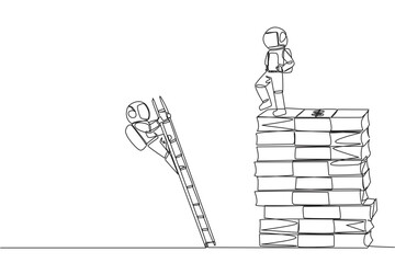 Continuous one line drawing astronaut kicks opponent who is climbs pile of banknotes with ladder. Struggle together but want to achieve big profit alone. Single line draw design vector illustration