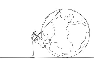 Single one line drawing businesswoman climbing the globe with rope. Trying dominate world with massive business expansion. Success reach top of the world. Continuous line design graphic illustration