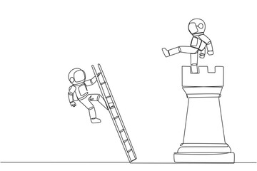 Single one line drawing astronaut kicks opponent who climbing the chess rook with ladder. Wrong move. Wrong strategy. Plan leaked by colleague. Traitor. Continuous line design graphic illustration
