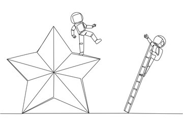 Continuous one line drawing astronaut kicks opponent who is climbing the star with the ladder. Dropping opponents from achieving the same dream. The rival. Single line draw design vector illustration