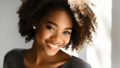 african descendant woman smiling cheerful, copy space