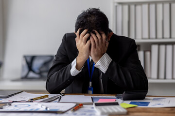 Tired exhausted business asian man sleepy and bored from sitting at a desk.tired of working in a laptop,