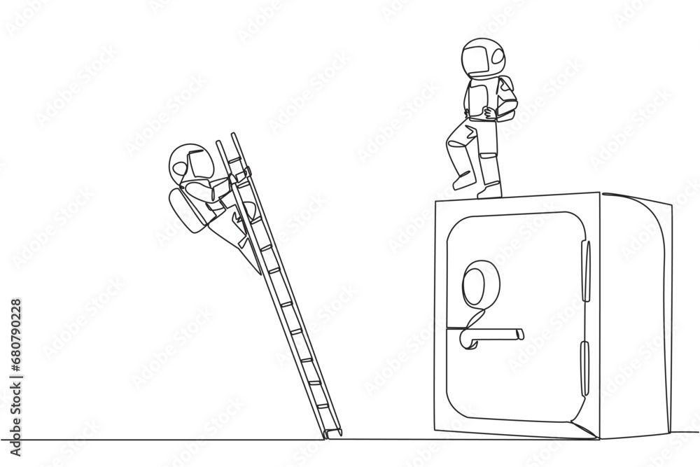 Poster continuous one line drawing astronaut kicks opponent who is climbs safe deposit box with ladder. dro