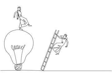 Single continuous line drawing Arab businessman kicks opponent who climbs the lightbulb with a ladder. Dropping colleague because don't have bright ideas. Traitor. One line design vector illustration