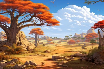 Savanna landscape with wildlife and African baobab trees. Nature and travel.