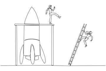 Single one line drawing businesswoman kicks opponent who climbing the rocket with a ladder. Failure to open the new business. Cheated by business friend. Continuous line design graphic illustration