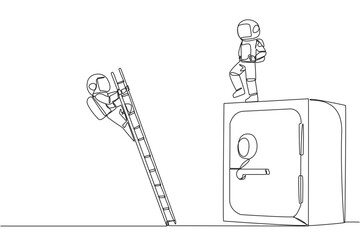 Continuous one line drawing astronaut kicks opponent who is climbs safe deposit box with ladder. Dropped roughly. Unable to save important files. The rival. Single line draw design vector illustration