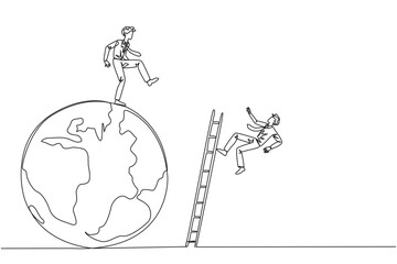 Single continuous line drawing businessman kicks opponent who is climbing the globe with a ladder. Failed to be on top of the world. Dropped by business friend. One line design vector illustration