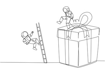 Single continuous line drawing the astronaut kicks opponent who is climbing the gift box with the ladder. Competition justifies any means to get rewards. The rival. One line design vector illustration - obrazy, fototapety, plakaty