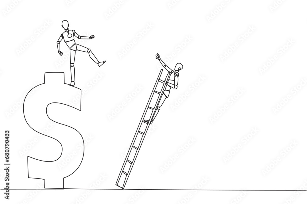 Aufkleber single continuous line drawing smart robot kicks the rival who is climbing a dollar symbol with ladd
