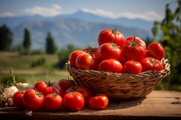 Fresh red tomatoes arranged in a unique basket against a serene natural backdrop