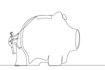 Single one line drawing businessman climbing piggy bank with rope. Entrepreneur working hard to make investments preparing for retirement. Smart worker. Continuous line design graphic illustration
