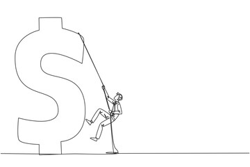 Continuous one line drawing businessman climbs dollar symbol. Metaphor looking for extra money because of high needs. Smart work combined with hard work. Single line draw design vector illustration - obrazy, fototapety, plakaty