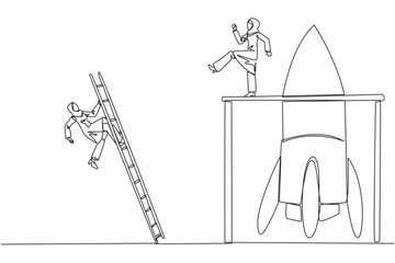 Continuous one line drawing Arab businesswoman kicks opponent who climbs rocket with ladder. Failure to open new business. Cheated by colleague. Traitor. Single line draw design vector illustration