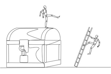 Single one line drawing the smart robot kicks opponent who climbs the treasure chest with ladder. Greed for wealth. Betrayal. Unfair business competition. Continuous line design graphic illustration