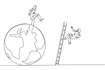 Single continuous line drawing Arab businesswoman kicks opponent who climbing the globe with a ladder. Failed to be on top of the world. Dropped by business friend. One line design vector illustration
