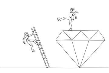Single one line drawing businesswoman kicks rival who climbing the diamond with a ladder. Knocking rival down from achieving a glorious position together. Continuous line design graphic illustration