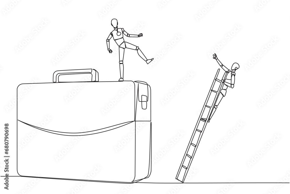 Poster single continuous line drawing smart robot kicks opponent who is climbing the briefcase with a ladde