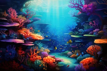 Foto op Canvas Vibrant underwater seascape with colorful coral and marine life. Marine biodiversity. © Postproduction