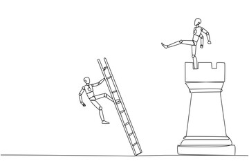 Fototapeta na wymiar Single one line drawing smart robot kicks opponent who climbing the chess rook with ladder. Wrong move. Wrong strategy. Plan leaked by colleague. Traitor. Continuous line design graphic illustration