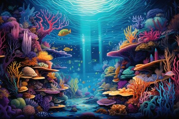 Vibrant underwater coral reef ecosystem with diverse marine life. Marine biodiversity. - obrazy, fototapety, plakaty