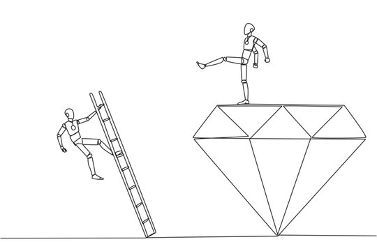 Single continuous line drawing smart robot kicks rival who is climbing the diamond with a ladder. Knocking rival down from achieving a glorious position together. One line design vector illustration