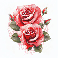 Red roses and buds with water splashes on white background. illustration.