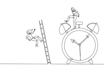 Single continuous line drawing businesswoman kicks opponent who climbs the alarm clock with ladder. Arrogance. No need for colleagues to complete many deadlines. One line design vector illustration