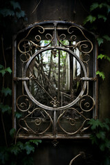 Vintage wrought iron window in the old abandoned house, close up