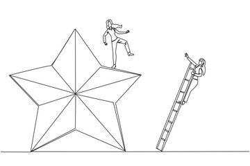 Fototapeta na wymiar Continuous one line drawing businesswoman kicks opponent who is climbing the star with a ladder. Dropping opponents from achieving the same dream. Rival. Single line draw design vector illustration