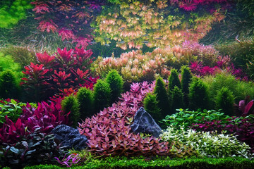Colorful aquatic plants in aquarium tank with Dutch inspired style aquascaping layout. Aquarium