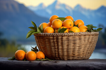 Fresh oranges arranged in a unique basket against a serene natural backdrop
