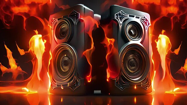 speakers surrounded by fire, burning speaker. Created with generative AI.	
