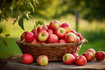 Fresh apples arranged in a unique basket against a serene natural backdrop