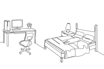 Continuous one line drawing stylish bedroom with full furniture modern. Spacious modern design. Equipped with a computer for technology needs. Cozy room. Single line draw design vector illustration