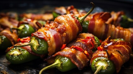 a close-up shot of spicy jalape?+/-o poppers wrapped in bacon