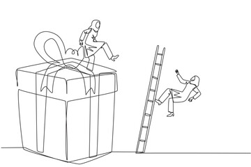 Continuous one line drawing Arabian businesswoman kicks opponent who climbing gift box with ladder. Competition justifies any means to get rewards. Rival. Single line draw design vector illustration