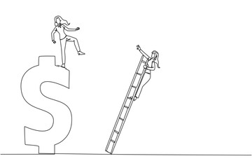 Continuous one line drawing businesswoman kicks rival who climbing a dollar symbol with ladder. Unhealthy competition. Using rough methods to bring down. Single line draw design vector illustration