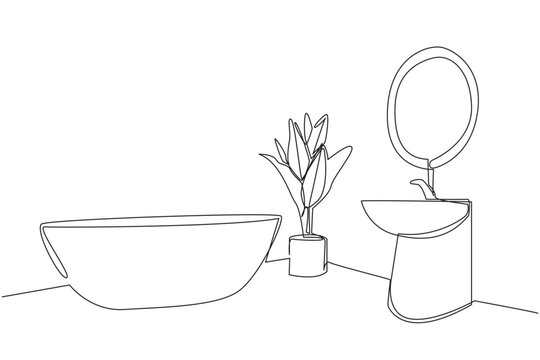 recommend clip art: Continuous one line drawing stylish bathroom with furniture modern. There is a mini bathtub and sink that are parallel. Simple bathroom furniture layout. Single line draw design vector illustration