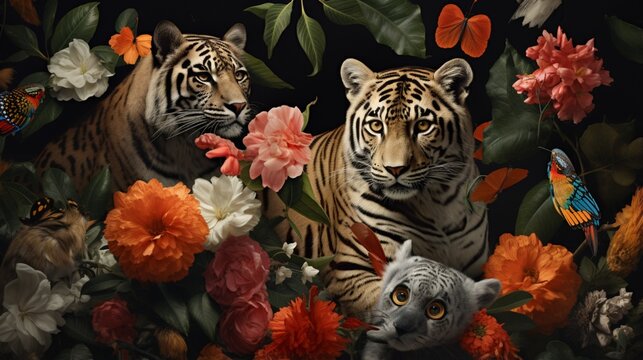 a collage-style image of mammalian pets with elements of nature and beauty, such as butterflies and flowers