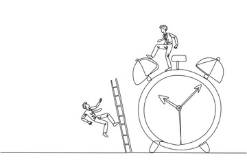 Continuous one line drawing businessman kicks opponent who climbs alarm clock with ladder. Arrogance. No need for colleagues to complete many deadlines. Single line draw design vector illustration