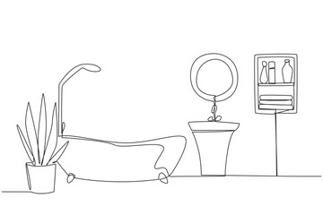 Single continuous line drawing mini bathtub with shower and sink. Simple layout at bathroom. Classic that gives an elegant impression. The bathroom is kept clean. One line design vector illustration - obrazy, fototapety, plakaty