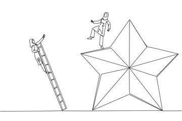 Fototapeta na wymiar Continuous one line drawing Arab businesswoman kicks opponent who climbing the star with a ladder. Dropping opponents from achieving the same dream. Rival. Single line draw design vector illustration