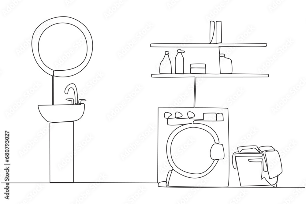 Poster single continuous line drawing washing room with minimalist design. there is a front loading washing