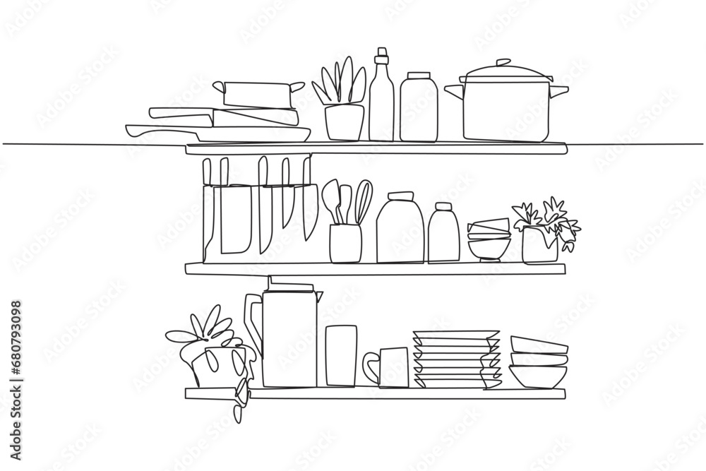 Poster continuous one line drawing cooking utensils in one vector image. the layout is very neat. minimalis